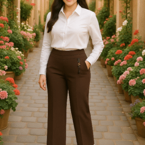 Elegant workwear outfit featuring brown pants