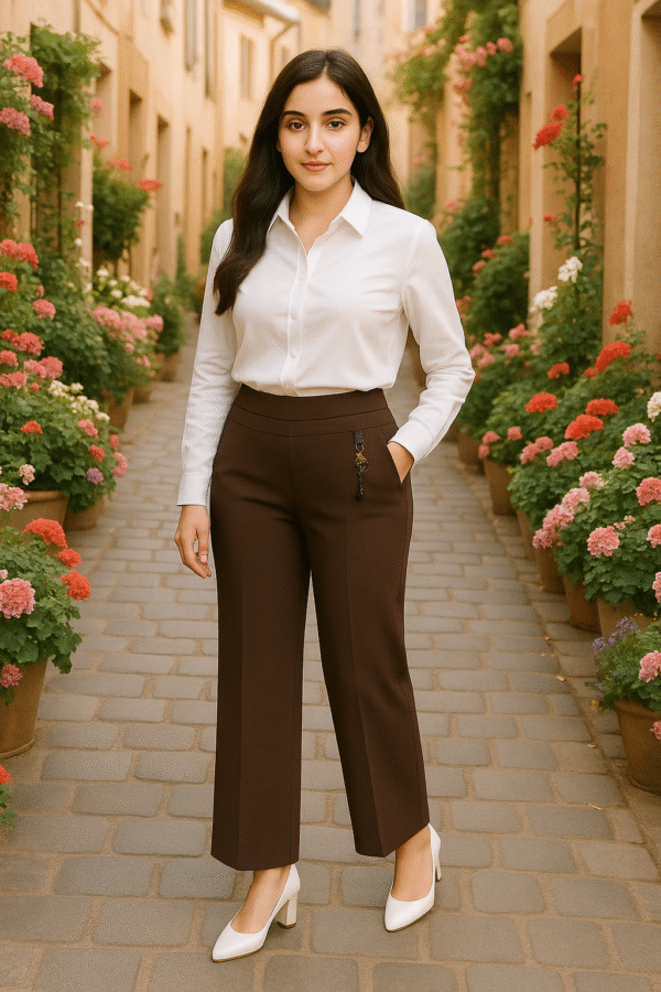 Elegant workwear outfit featuring brown pants