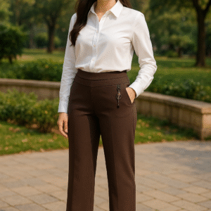 Elegant workwear outfit featuring brown pants