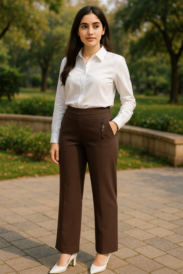 Elegant workwear outfit featuring brown pants