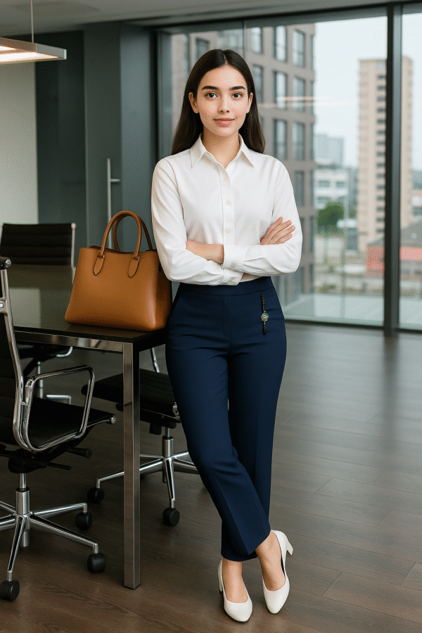 Slim-fit navy office trousers for professional women