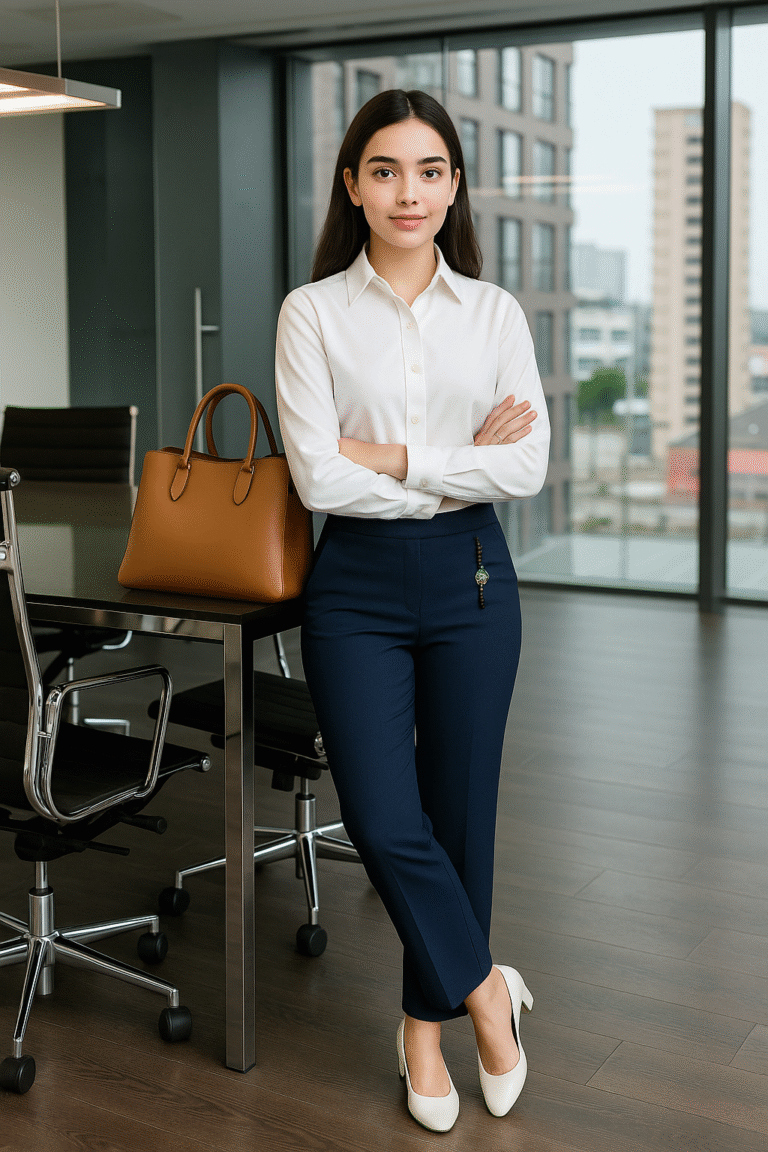 Slim-fit navy office trousers for professional women