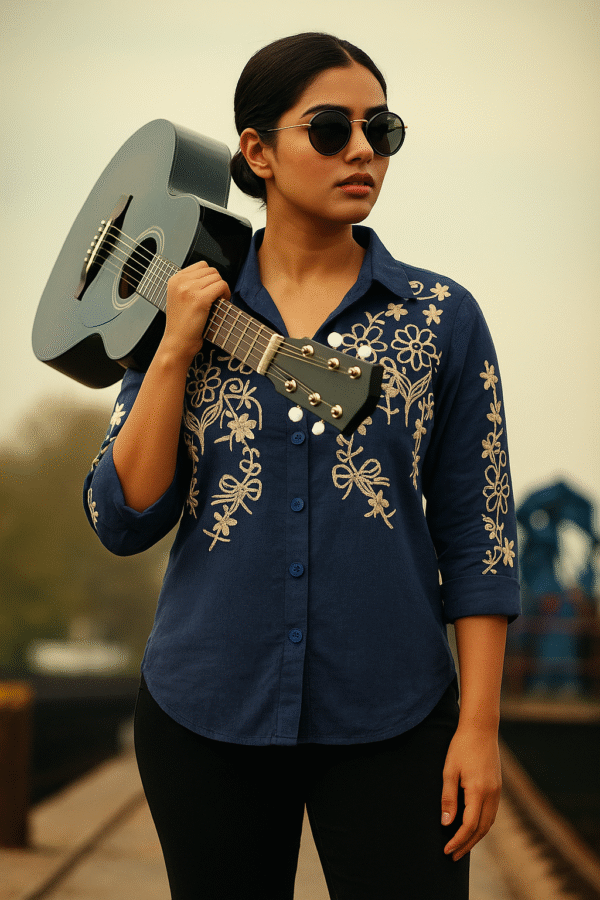 Elegant 3/4 sleeve navy blue shirt with front embroidery styled for casual wear