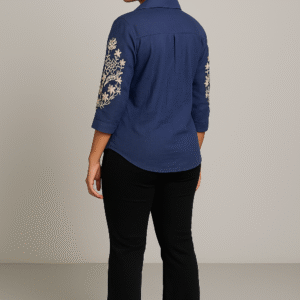 Elegant 3/4 sleeve navy blue shirt with front embroidery styled for casual wear