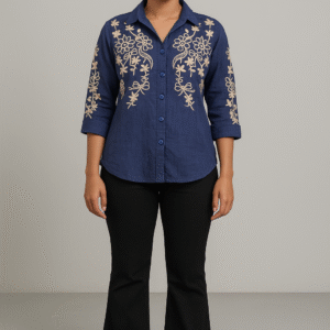Elegant 3/4 sleeve navy blue shirt with front embroidery styled for casual wear