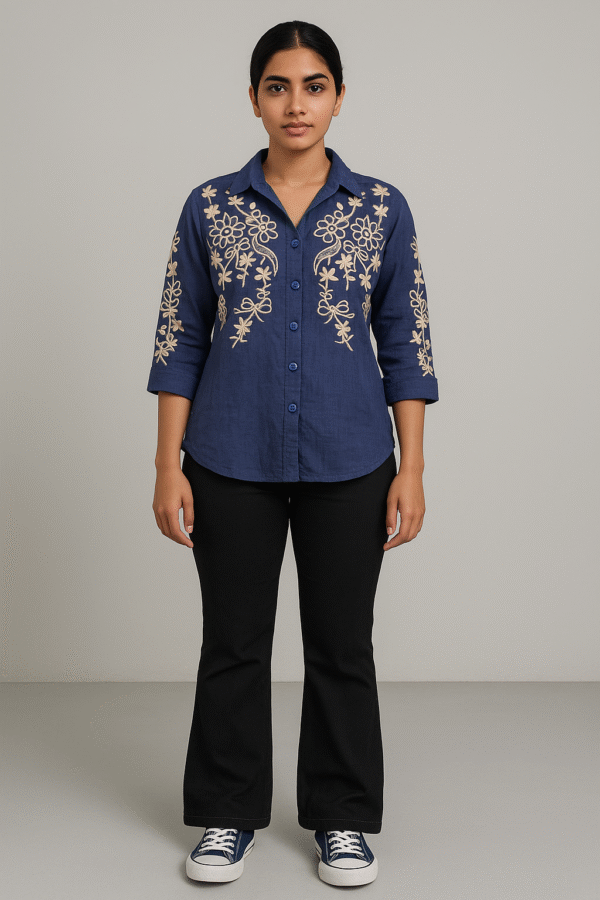 Elegant 3/4 sleeve navy blue shirt with front embroidery styled for casual wear