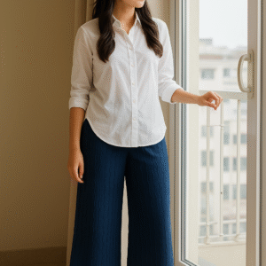 Relaxed-fit navy wide-leg trousers for women