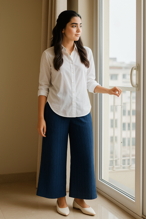 Relaxed-fit navy wide-leg trousers for women