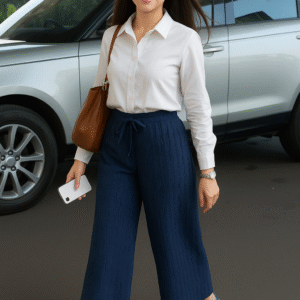 Relaxed-fit navy wide-leg trousers for women