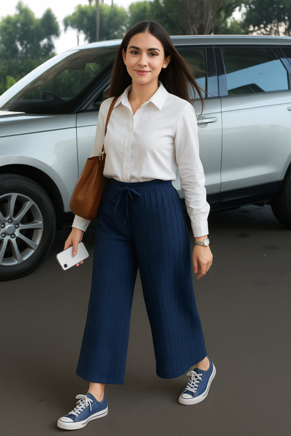 Relaxed-fit navy wide-leg trousers for women