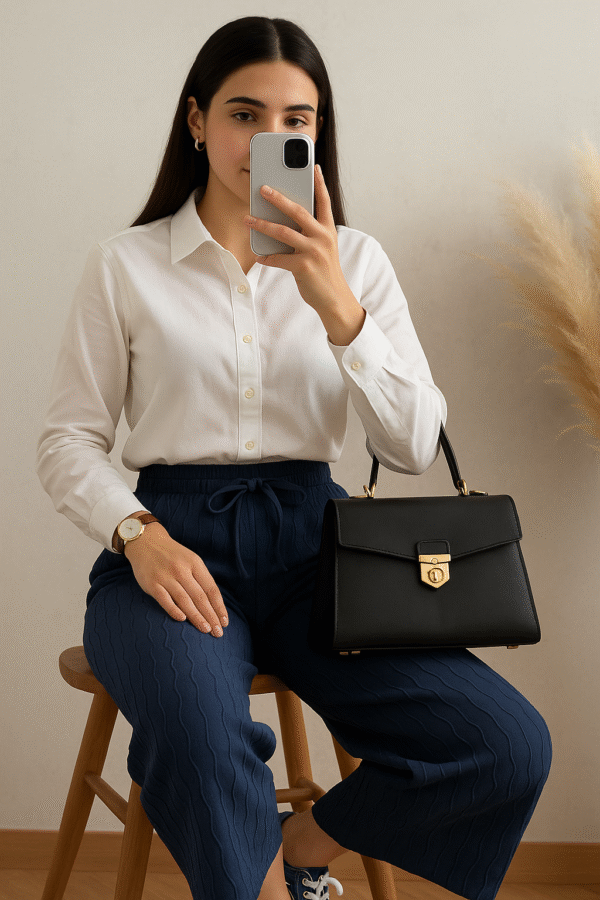 Relaxed-fit navy wide-leg trousers for women