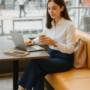 Relaxed-fit navy wide-leg trousers for women