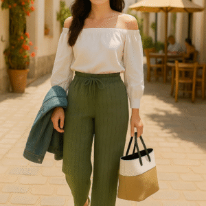Women’s olive green wide-leg pants with wave texture