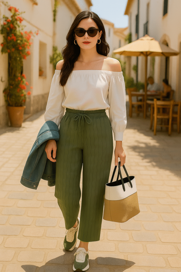 Women’s olive green wide-leg pants with wave texture