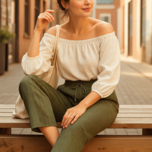 Women’s olive green wide-leg pants with wave texture