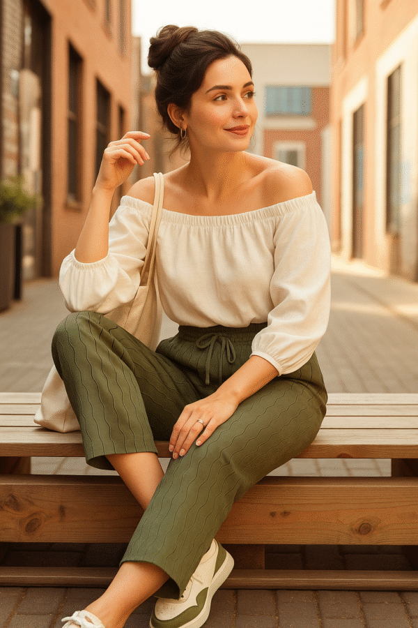 Women’s olive green wide-leg pants with wave texture