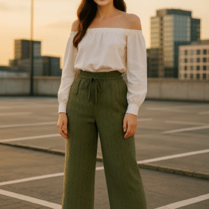 Women’s olive green wide-leg pants with wave texture