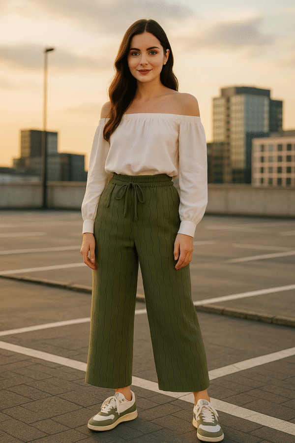 Women’s olive green wide-leg pants with wave texture
