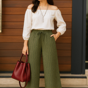 Women’s olive green wide-leg pants with wave texture