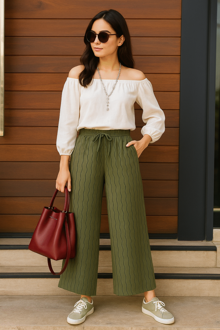 Women’s olive green wide-leg pants with wave texture