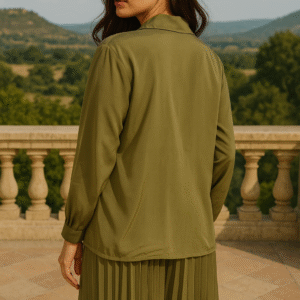 Olive green pleated co-ord set for women Women’s olive wide-leg trousers and shirt set Elegant earthy tone co-ord dress online Premium office wear co-ord set India Designer green pleated two-piece set Minimalist pleated co-ord outfit Olive luxe women’s clothing set Chic workwear co-ord for ladies
