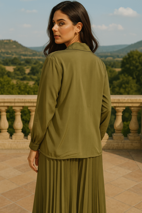 Olive green pleated co-ord set for women Women’s olive wide-leg trousers and shirt set Elegant earthy tone co-ord dress online Premium office wear co-ord set India Designer green pleated two-piece set Minimalist pleated co-ord outfit Olive luxe women’s clothing set Chic workwear co-ord for ladies