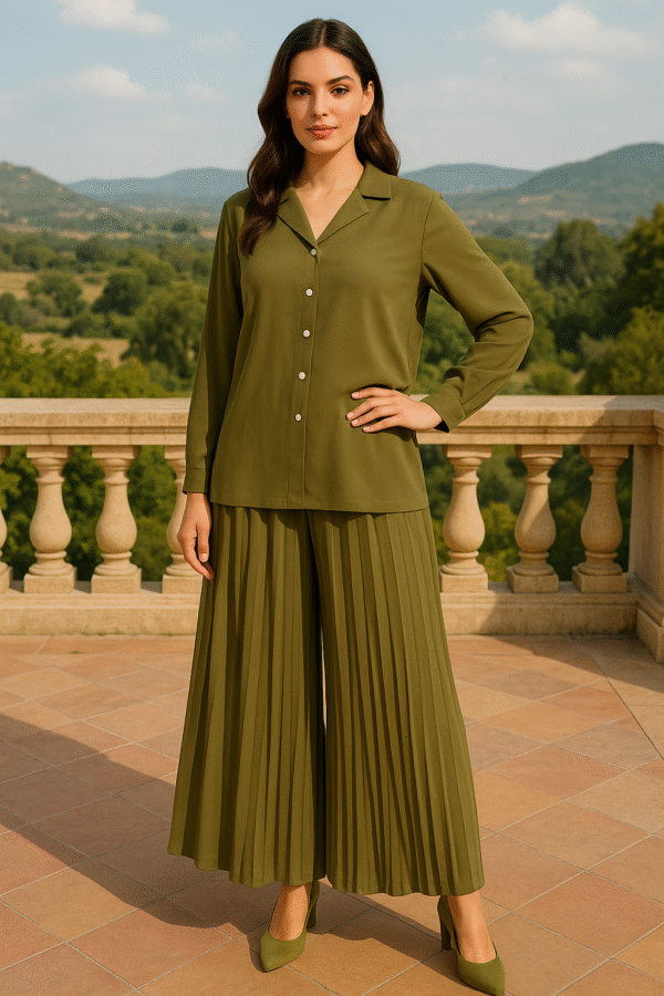 Olive green pleated co-ord set for women Women’s olive wide-leg trousers and shirt set Elegant earthy tone co-ord dress online Premium office wear co-ord set India Designer green pleated two-piece set Minimalist pleated co-ord outfit Olive luxe women’s clothing set Chic workwear co-ord for ladies
