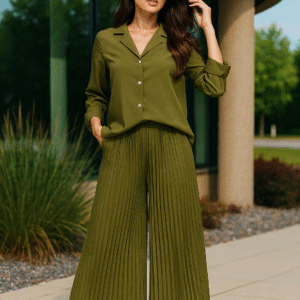 Olive green pleated co-ord set for women Women’s olive wide-leg trousers and shirt set Elegant earthy tone co-ord dress online Premium office wear co-ord set India Designer green pleated two-piece set Minimalist pleated co-ord outfit Olive luxe women’s clothing set Chic workwear co-ord for ladies
