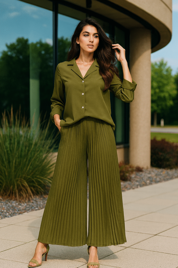 Olive green pleated co-ord set for women Women’s olive wide-leg trousers and shirt set Elegant earthy tone co-ord dress online Premium office wear co-ord set India Designer green pleated two-piece set Minimalist pleated co-ord outfit Olive luxe women’s clothing set Chic workwear co-ord for ladies