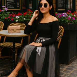 Women's ombre black and grey tulle midi skirt with satin ribbon tie