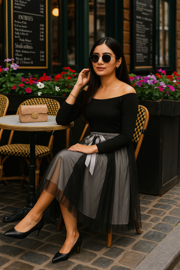 Women's ombre black and grey tulle midi skirt with satin ribbon tie