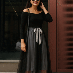 Women's ombre black and grey tulle midi skirt with satin ribbon tie