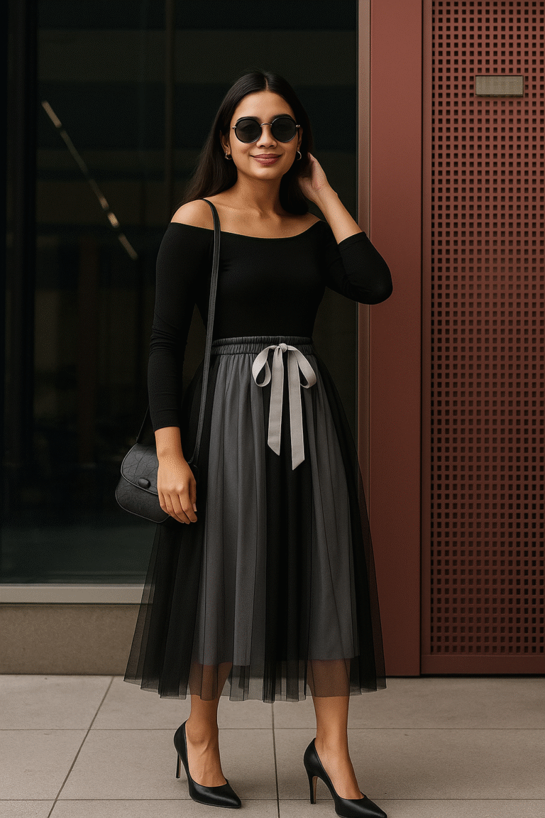Women's ombre black and grey tulle midi skirt with satin ribbon tie
