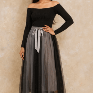 Women's ombre black and grey tulle midi skirt with satin ribbon tie