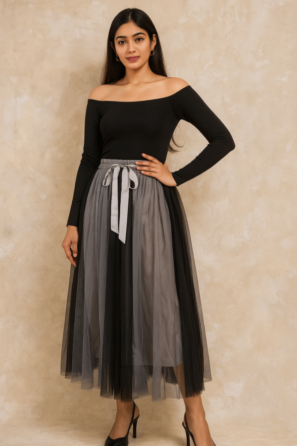 Women's ombre black and grey tulle midi skirt with satin ribbon tie