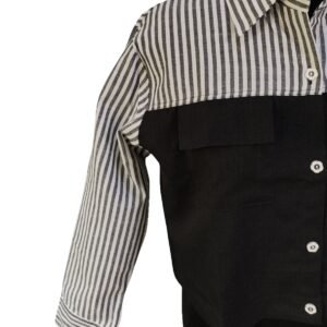 Striped and solid black combo shirt styled with black pants and sneakers for bold casual look