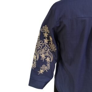 Elegant 3/4 sleeve navy blue shirt with front embroidery styled for casual wear