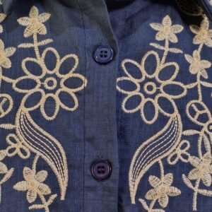 Elegant 3/4 sleeve navy blue shirt with front embroidery styled for casual wear