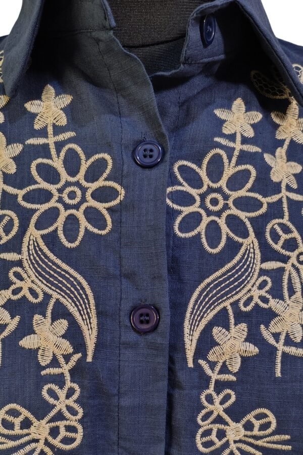 Elegant 3/4 sleeve navy blue shirt with front embroidery styled for casual wear
