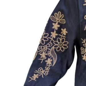Elegant 3/4 sleeve navy blue shirt with front embroidery styled for casual wear