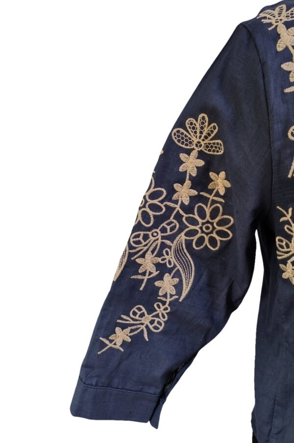 Elegant 3/4 sleeve navy blue shirt with front embroidery styled for casual wear