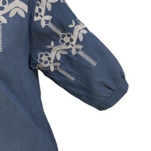 Stylish mandarin collar embroidered blue shirt for women with relaxed fit