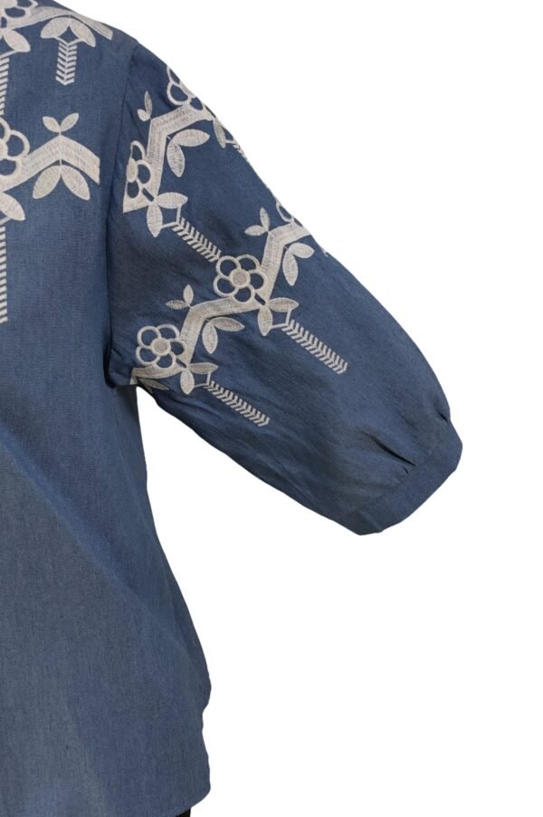 Stylish mandarin collar embroidered blue shirt for women with relaxed fit