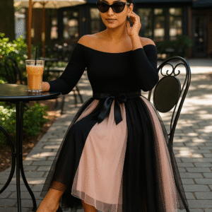 Elegant pink and black contrast pleated tulle midi skirt with satin waist tie