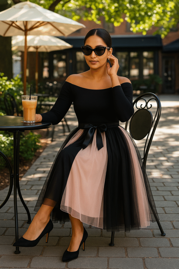 Elegant pink and black contrast pleated tulle midi skirt with satin waist tie