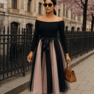 Elegant pink and black contrast pleated tulle midi skirt with satin waist tie