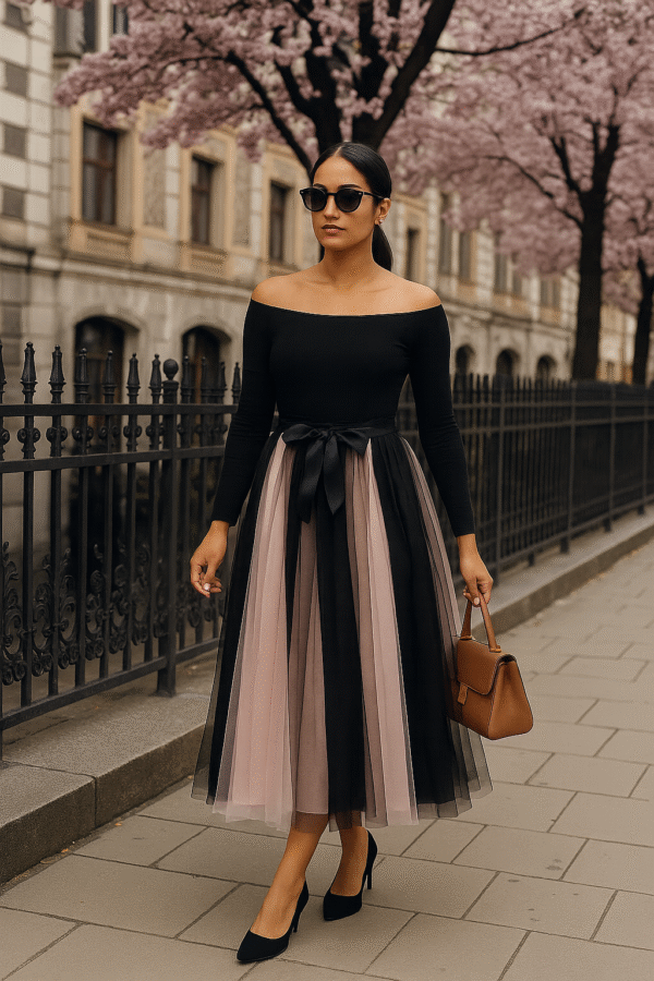 Elegant pink and black contrast pleated tulle midi skirt with satin waist tie