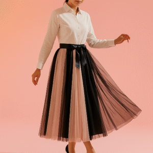 Elegant pink and black contrast pleated tulle midi skirt with satin waist tie