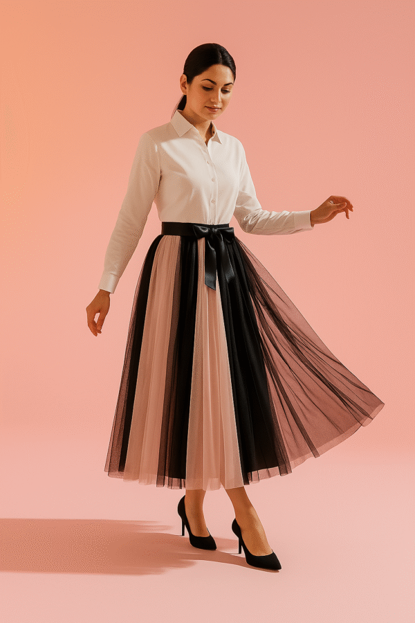 Elegant pink and black contrast pleated tulle midi skirt with satin waist tie