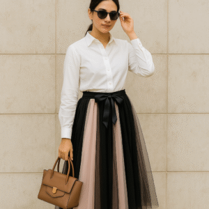 Elegant pink and black contrast pleated tulle midi skirt with satin waist tie